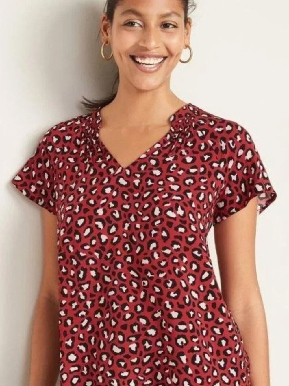 Old Navy Red Leopard Print Popover Blouse (L)
